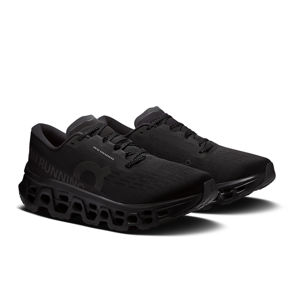 Men's On Cloudmonster 3 running shoes, black mesh with lace-up front and chunky sole