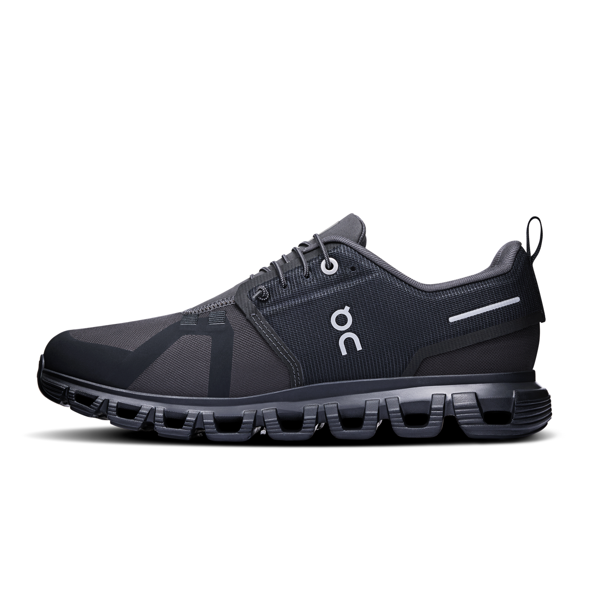 Women’s waterproof running shoe, dark gray/black upper with elastic collar pull tab