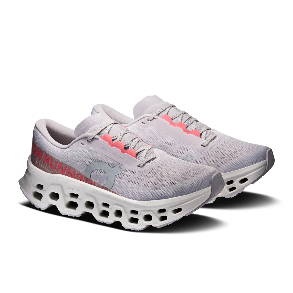 On Cloudmonster 3 women's running shoes, side view, light gray with red accents and pods sole
