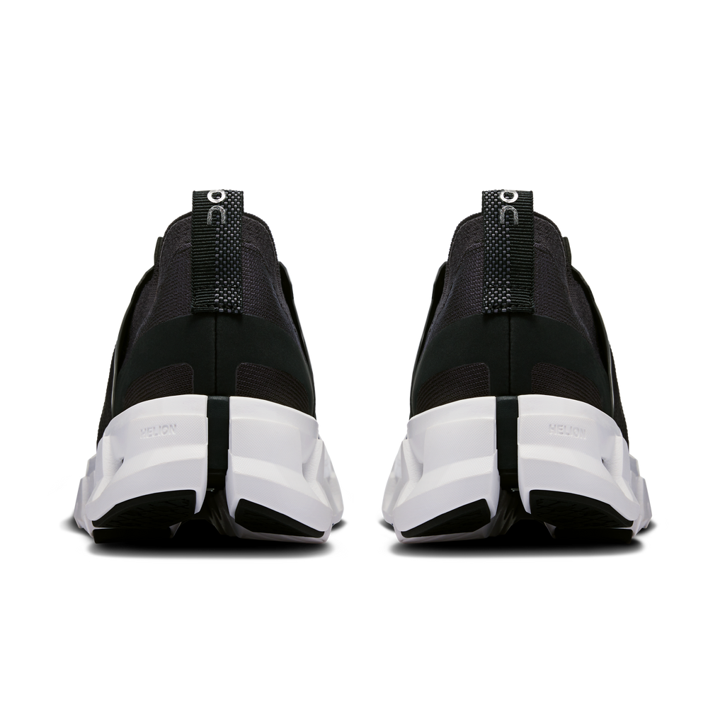 Women's running shoes, black heel and collar with elastic pull tab, white midsole