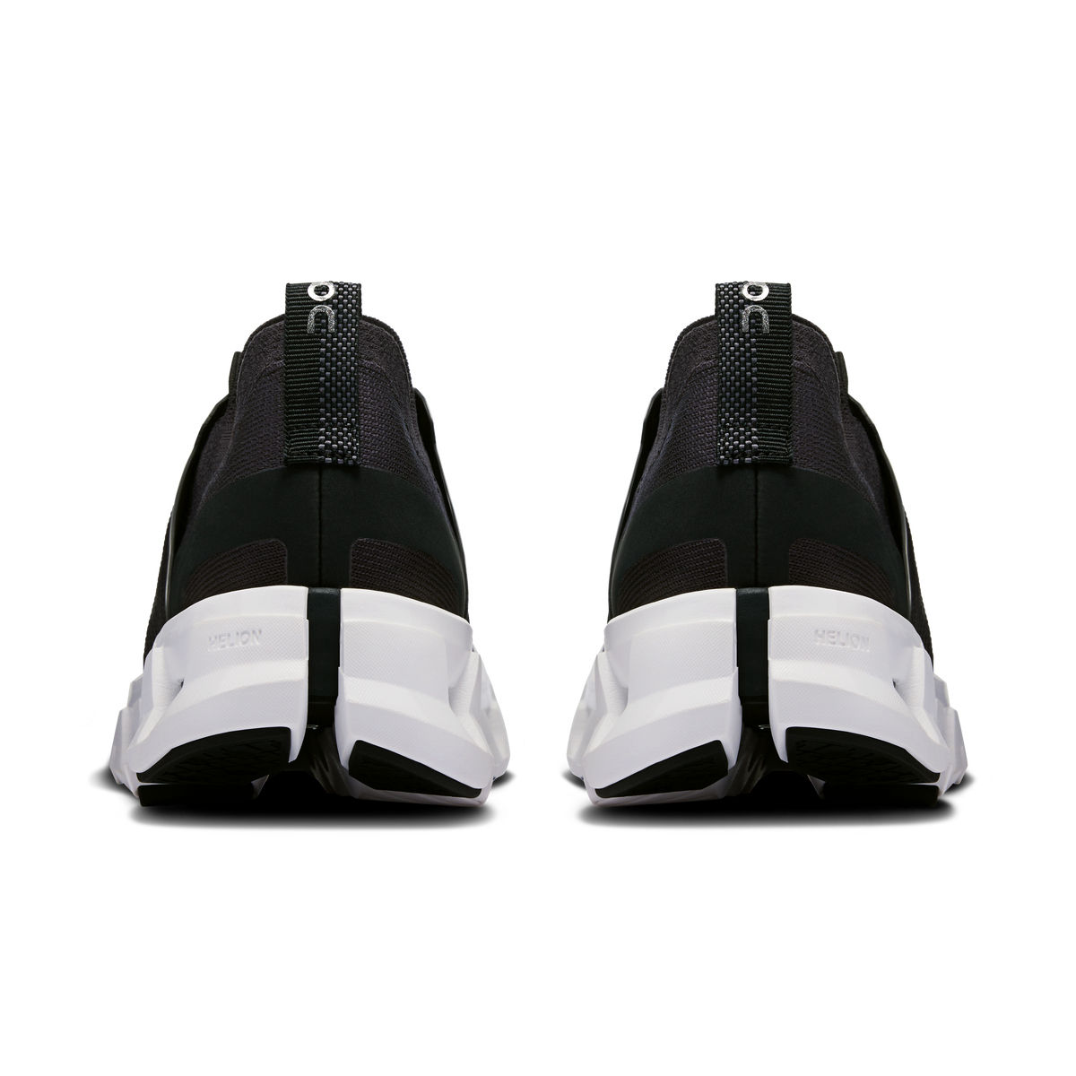 Women's running shoes, black heel and collar with elastic pull tab, white midsole