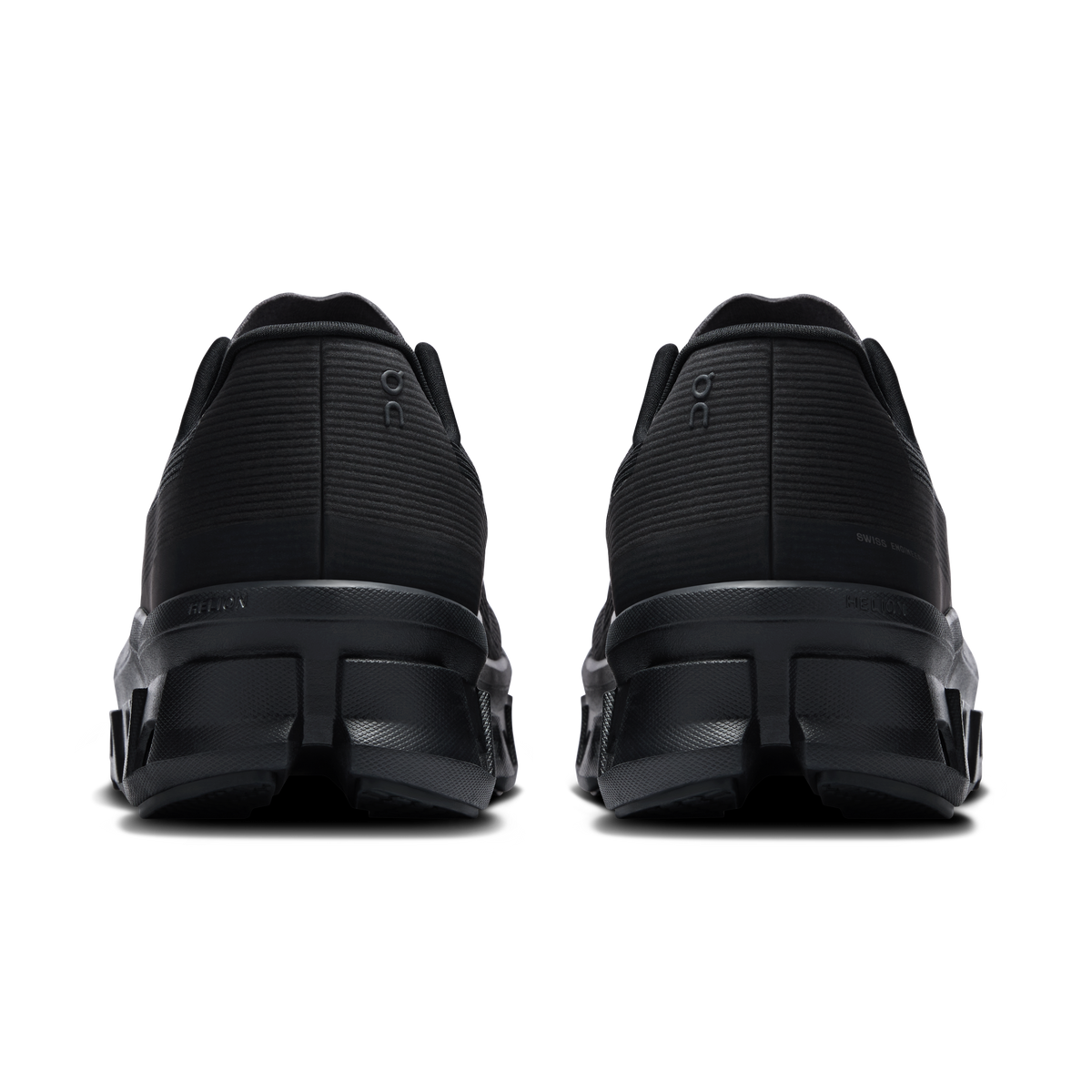 Back view of men's black running shoes with cushioned heel and lace-up closure