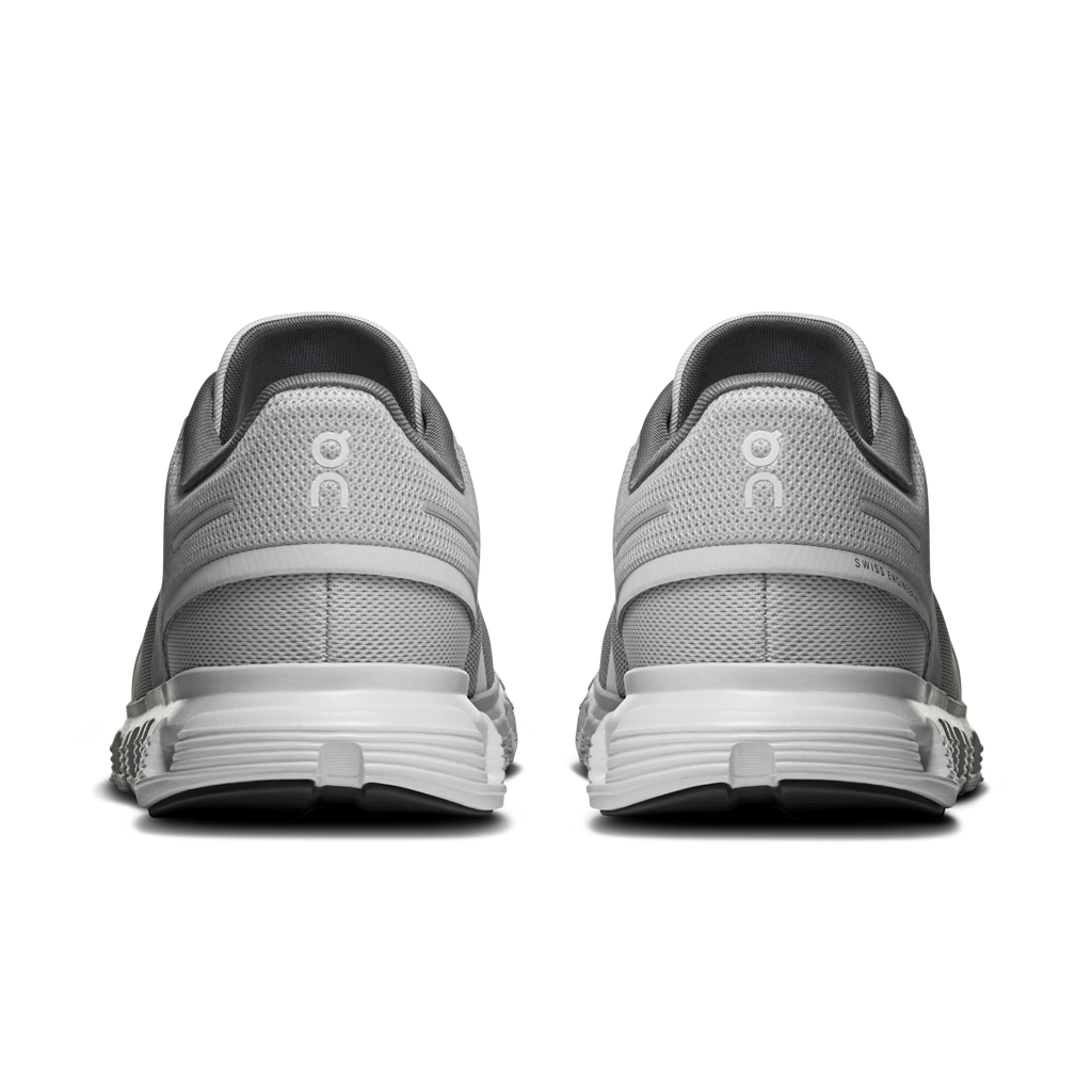 Women’s On Cloud 6 shoes, back view: light gray uppers with dark heel collars