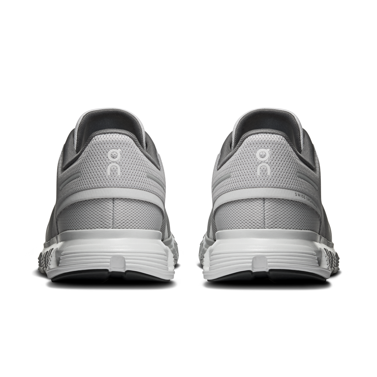 Women’s On Cloud 6 shoes, back view: light gray uppers with dark heel collars