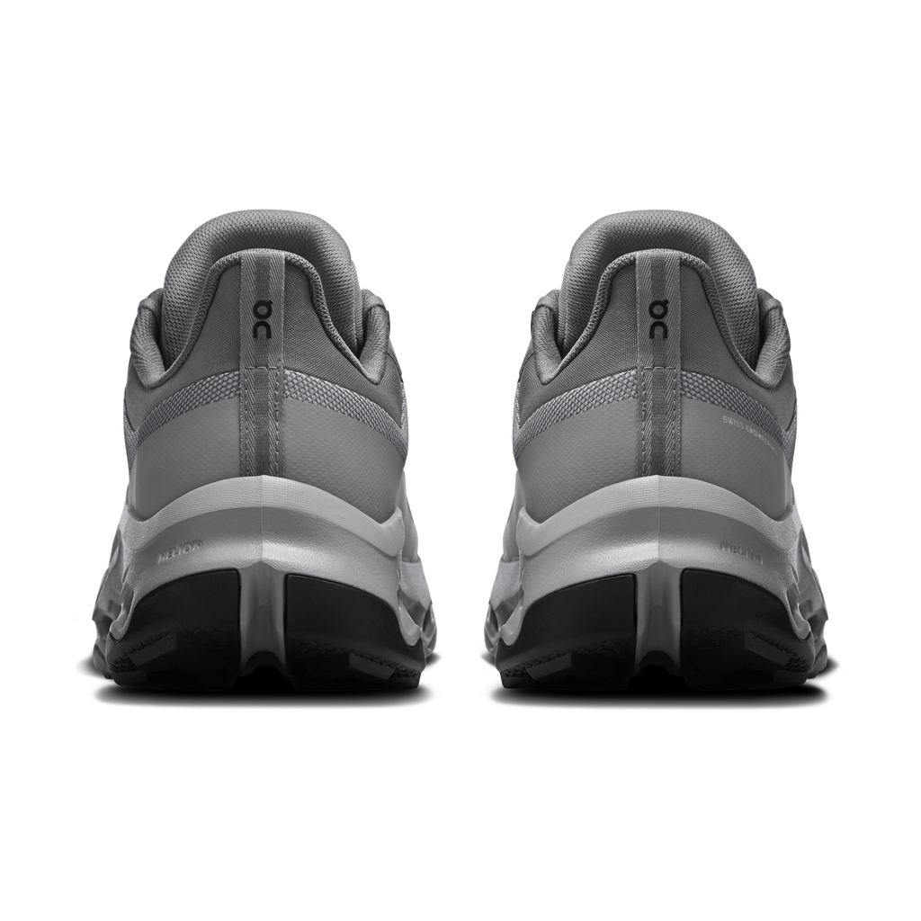 Men's waterproof running shoes, gray heel back view, lace-up with pull tab