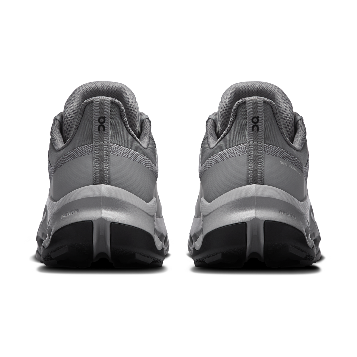 Men's waterproof running shoes, gray heel back view, lace-up with pull tab