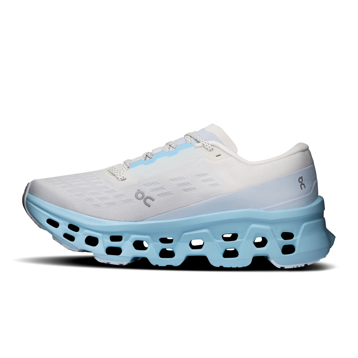 On Running Cloudmonster 3 women’s running shoes, white with light-blue heel and CloudTec sole