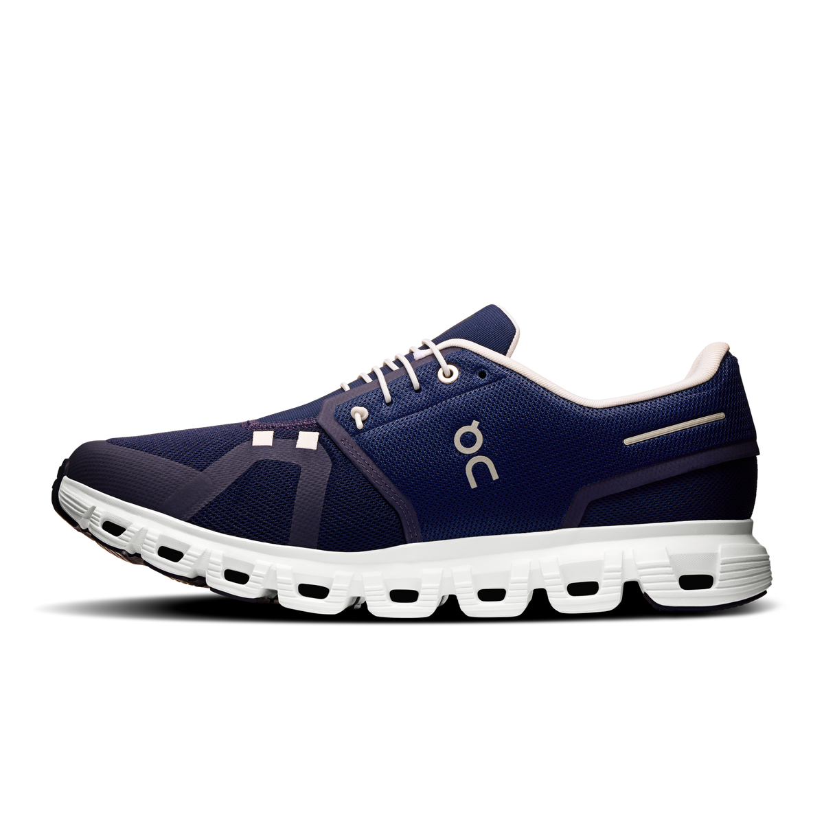Men's navy running shoes with white accents, lace-up front, and On logo