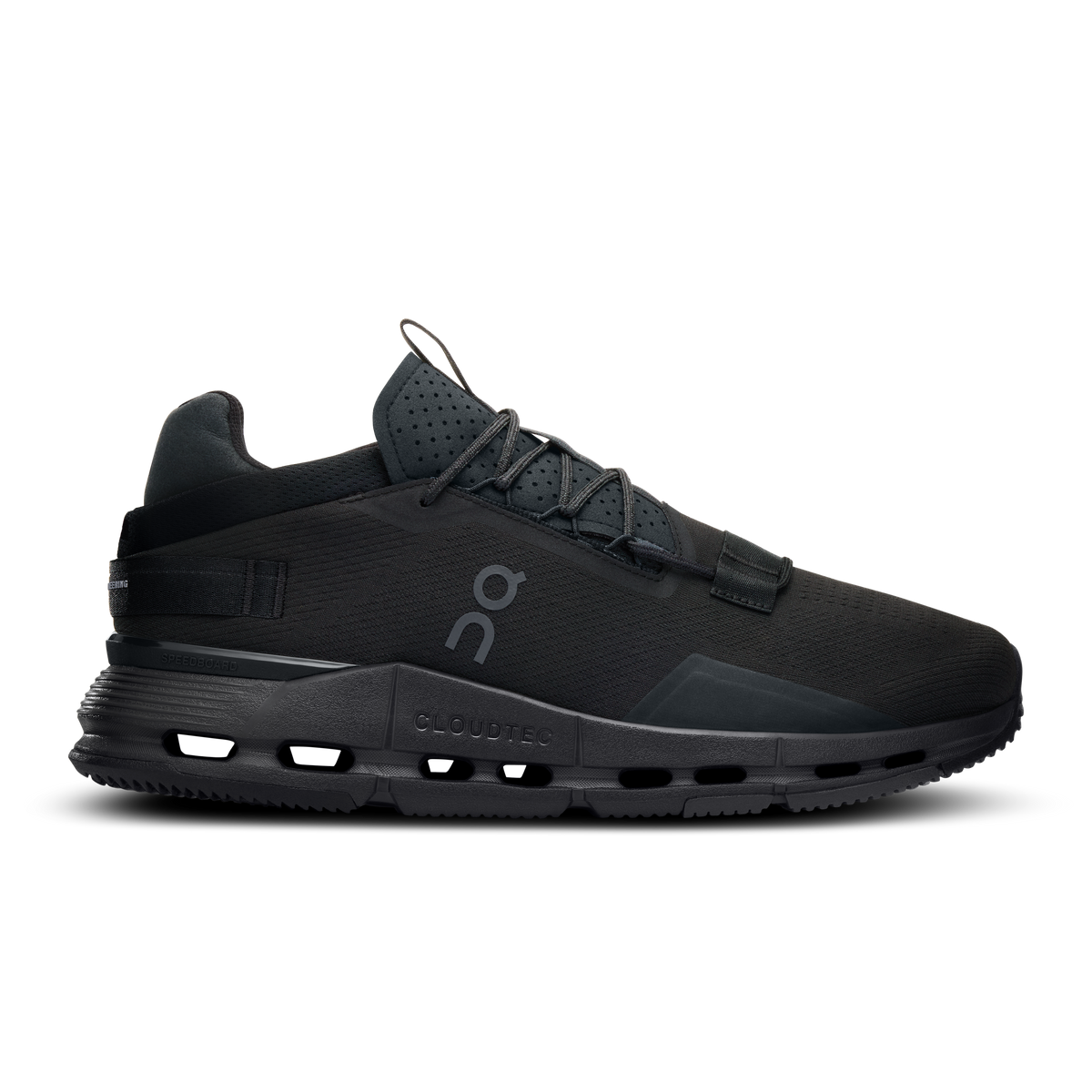 Women’s black lace-up running shoes with On logo and CloudTec cushioning