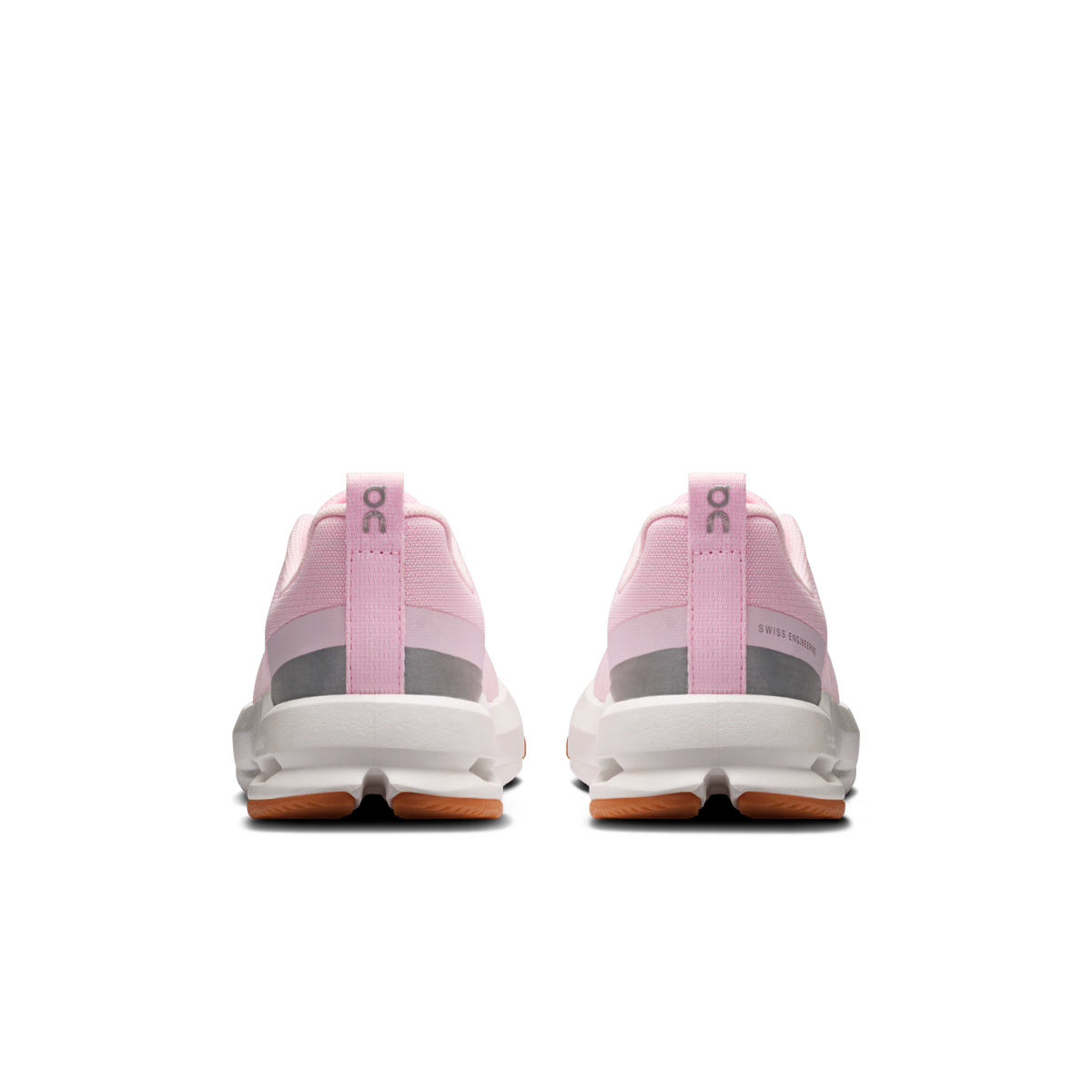 Kids' pink running shoes from back with pull tab and cushioned heel
