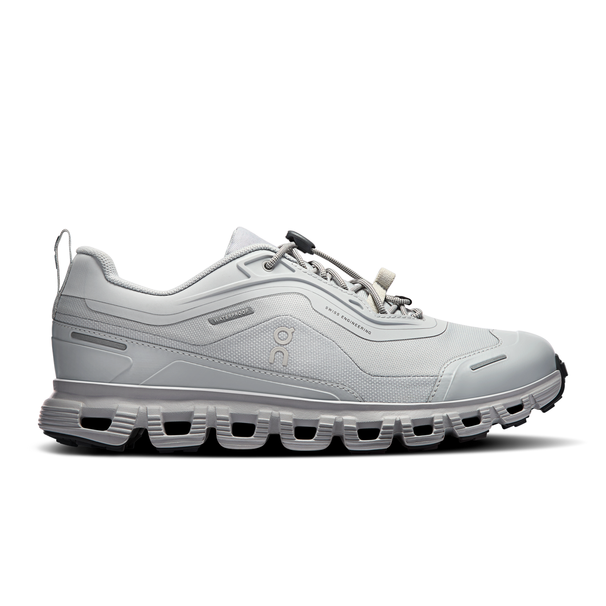 Women's waterproof running shoes by On, light gray with lace-up and CloudTec sole