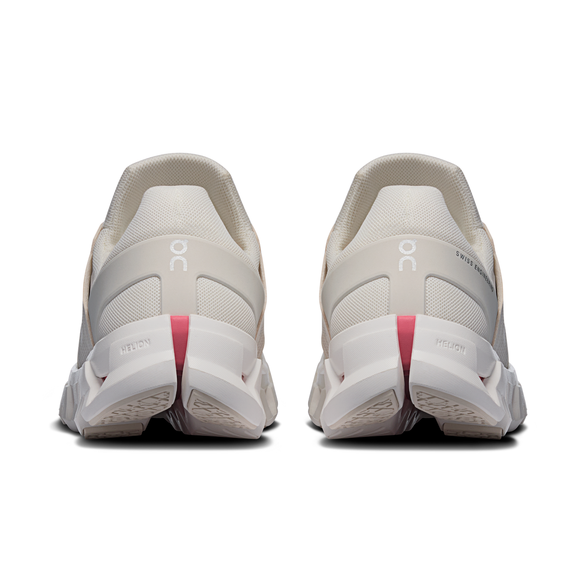 On Cloudswift 4 heel view shoes with white backs, gray lining, and red/pink accents