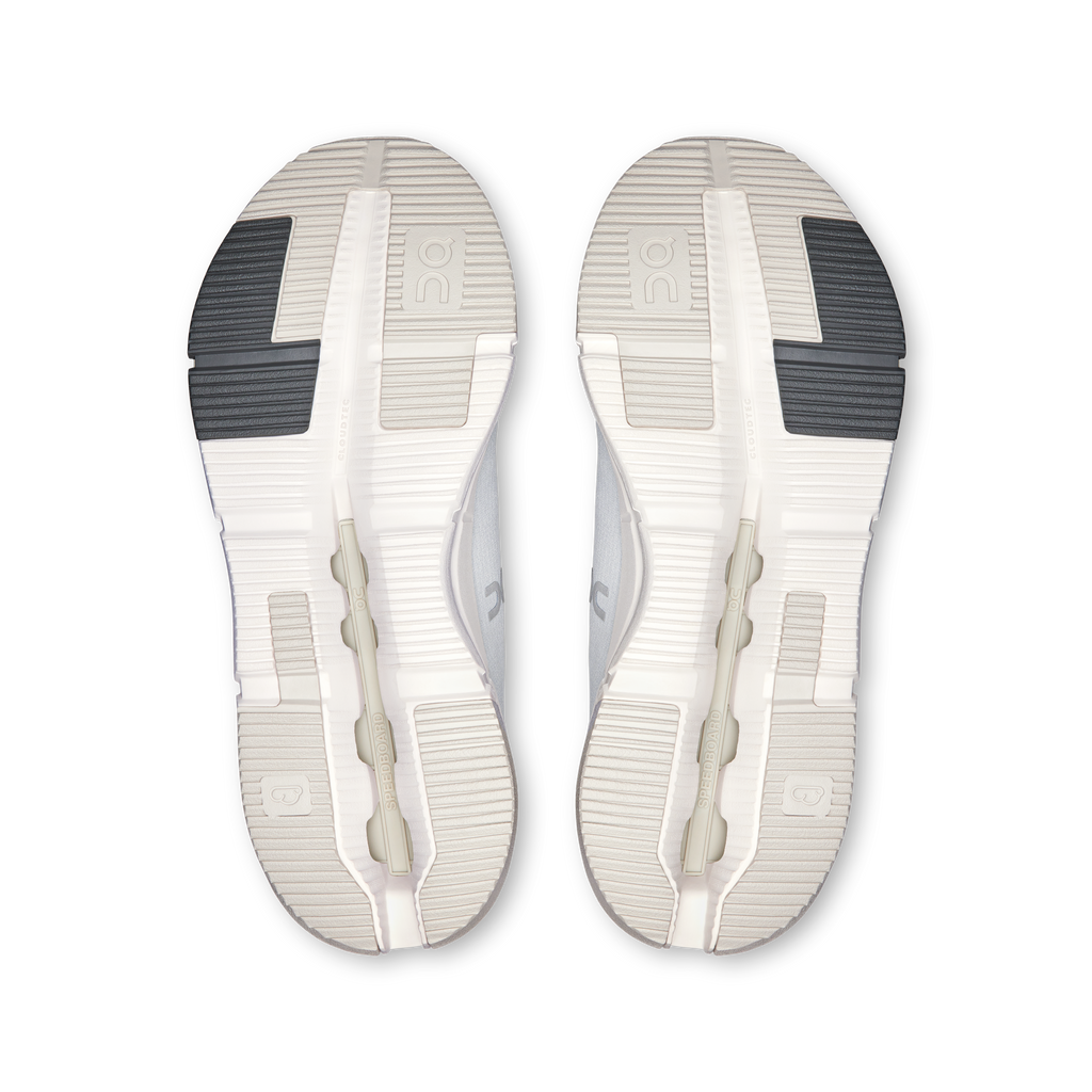 Shoe outsoles with CloudTec pods and ribbed tread, showing front-to-back grooves
