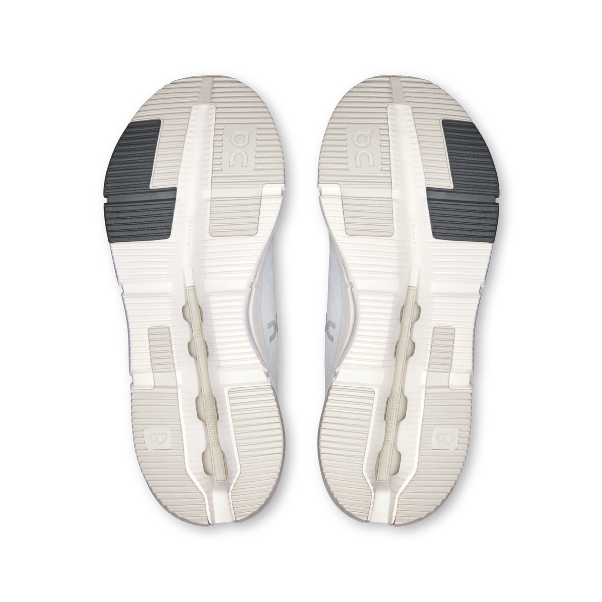 Shoe outsoles with CloudTec pods and ribbed tread, showing front-to-back grooves