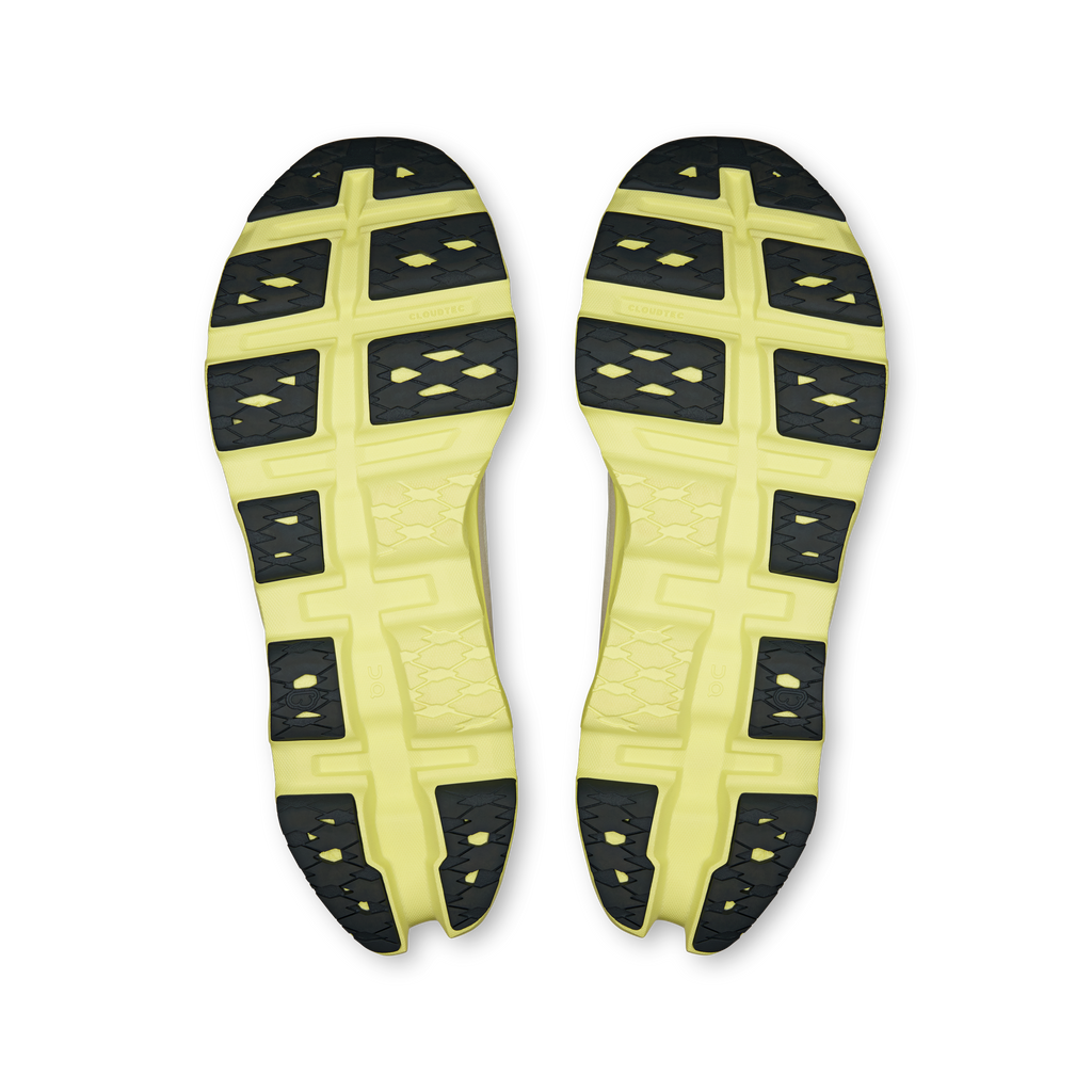 Men's running shoe outsoles, neon-lime tread with dark traction pads