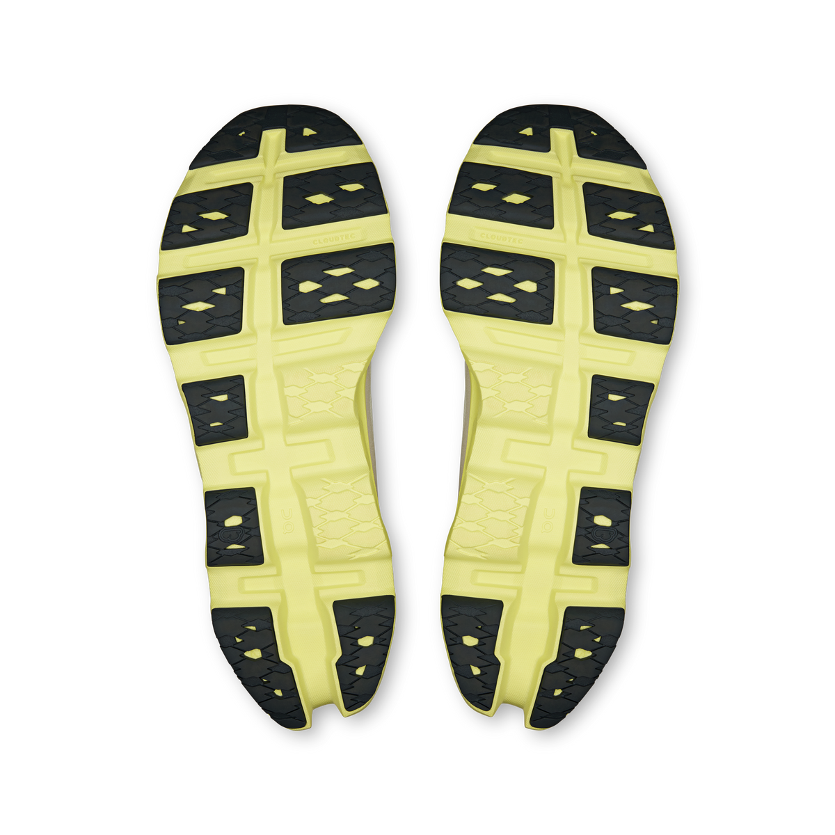 Men's running shoe outsoles, neon-lime tread with dark traction pads