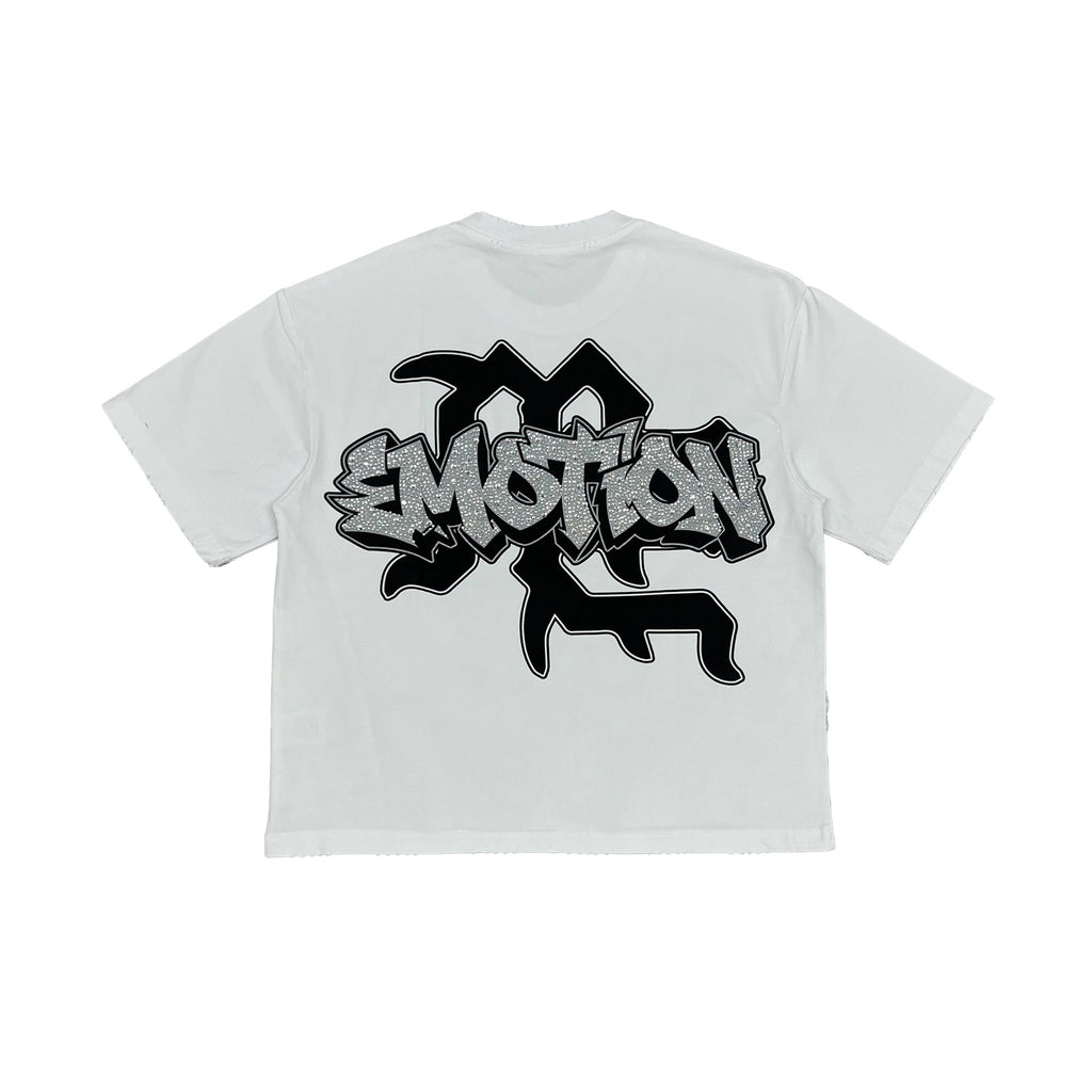 Men's white crewneck T-shirt with centered black-and-gray graffiti-style logo graphic