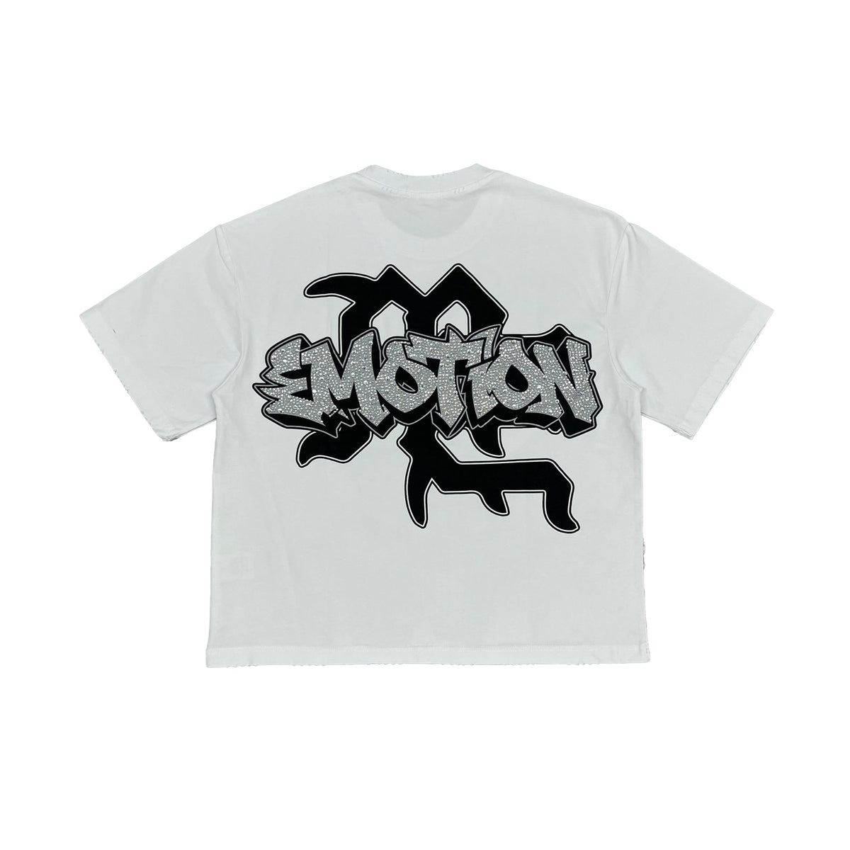 Men's white crewneck T-shirt with centered black-and-gray graffiti-style logo graphic