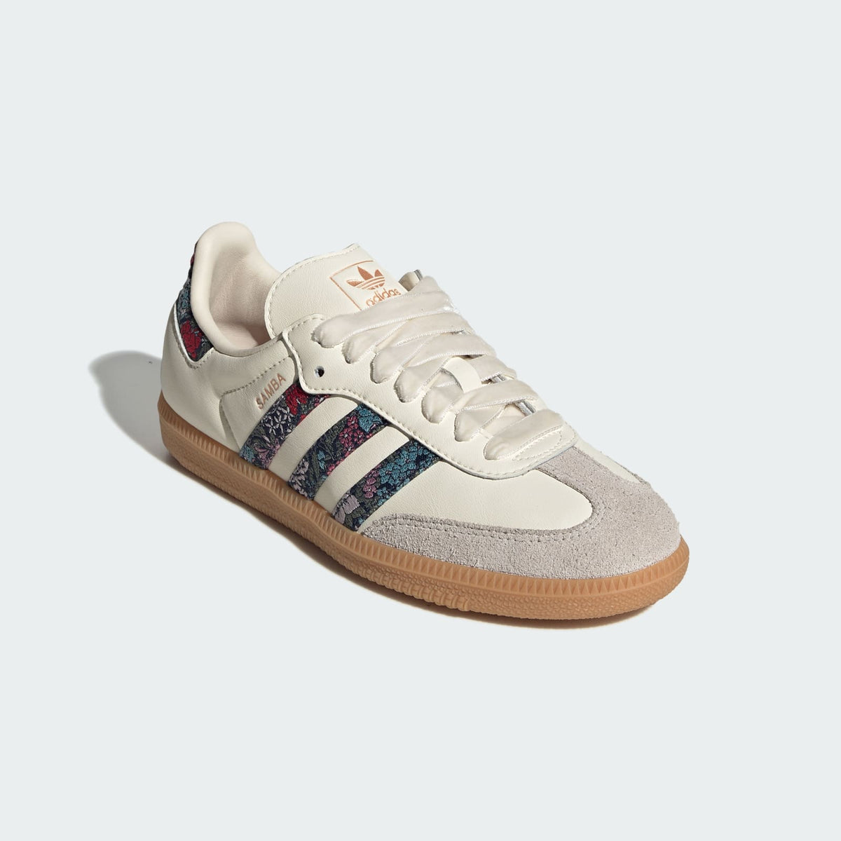 Kids' cream suede sneakers with multicolor side stripes and gum sole