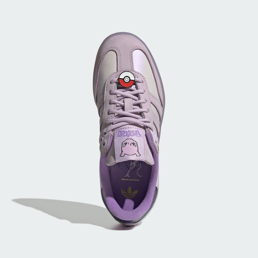 Kids Adidas Pokémon Samba OG shoe, lilac leather upper, lace-up, top view