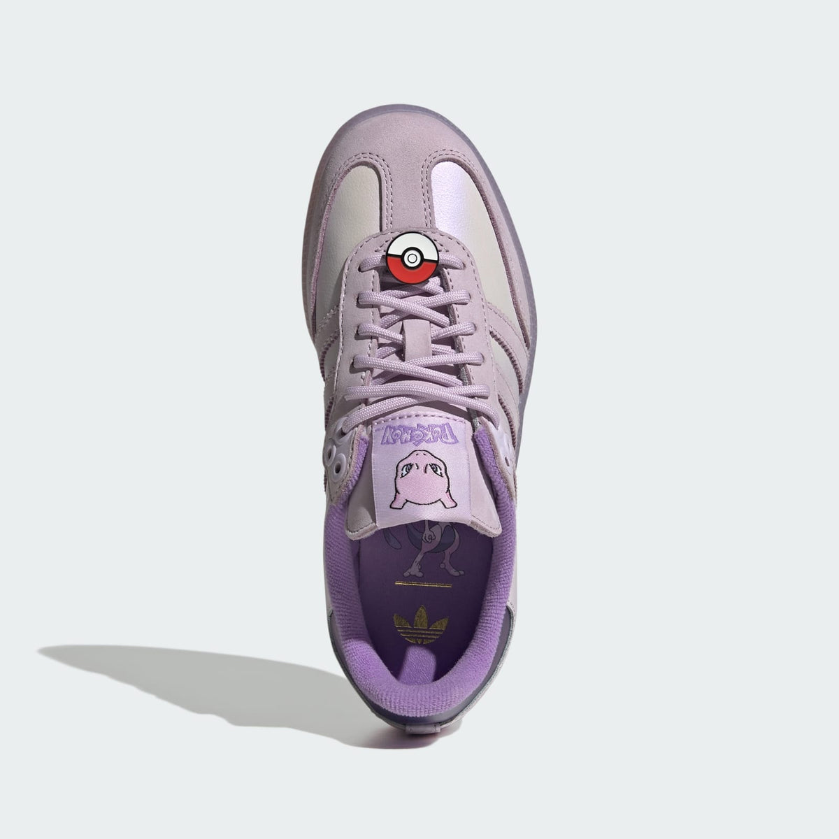 Kids Adidas Pokémon Samba OG shoe, lilac leather upper, lace-up, top view