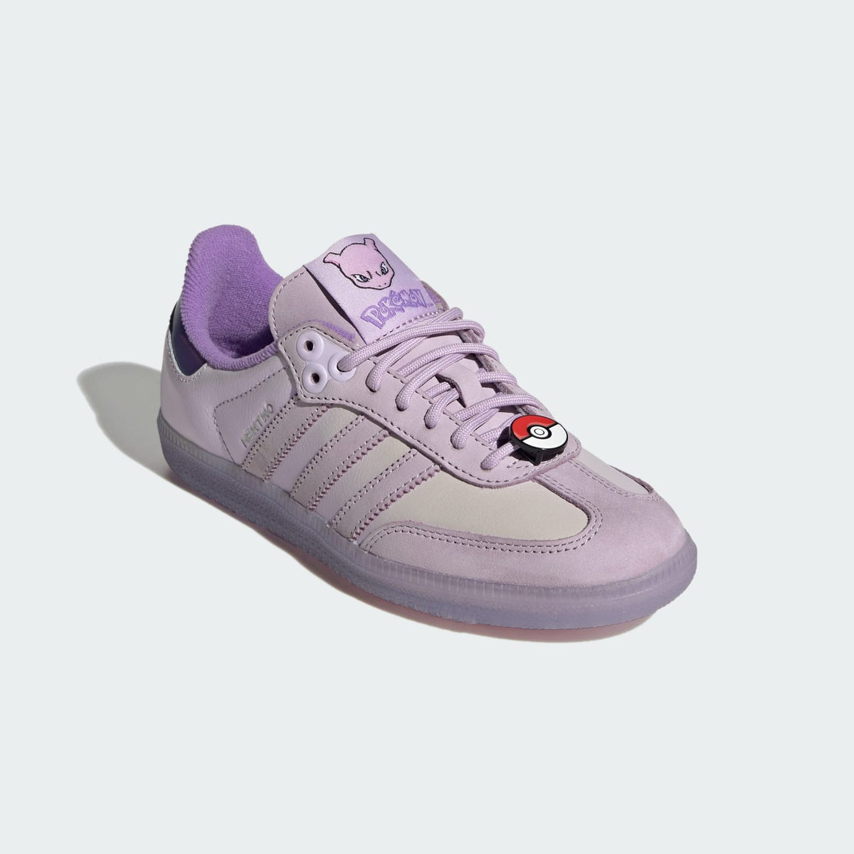 Adidas Kids' Pokémon Samba OG shoe in lavender with purple collar and Poké Ball detail
