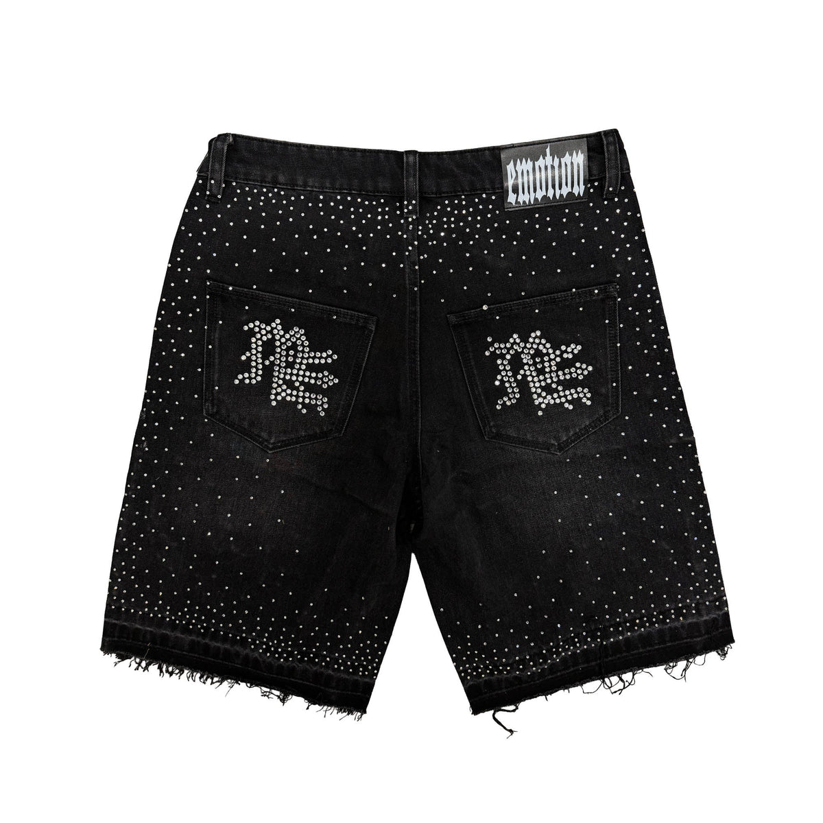 Men's black denim shorts with rhinestone-dot pattern and pocket graphics, frayed hem