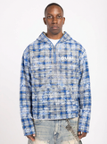 Men's blue half-zip hoodie with hood and GUAPI skeleton-style chest graphic