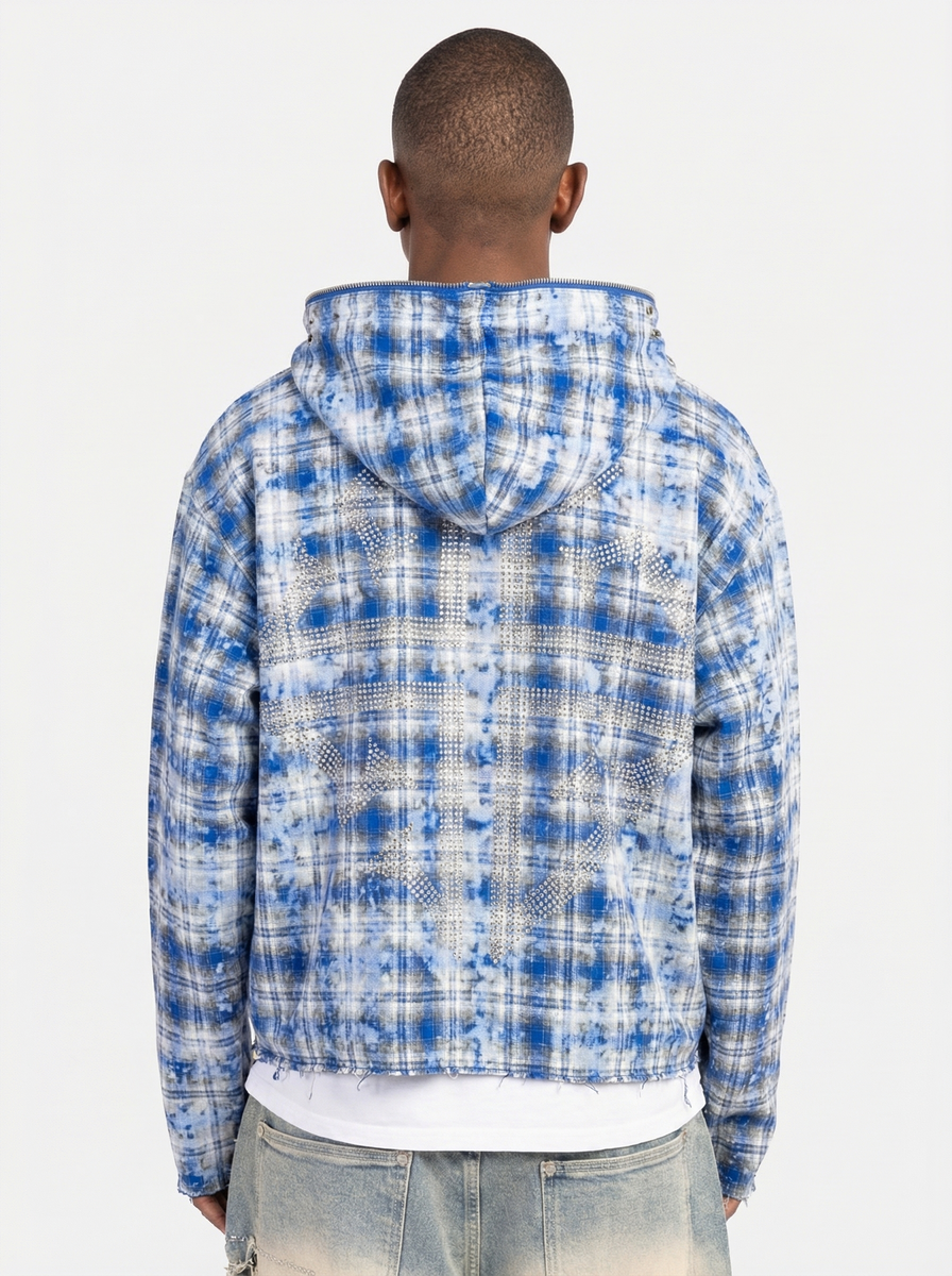 Men's blue half-zip hoodie with hood, plaid pattern, GUAPI logo on back