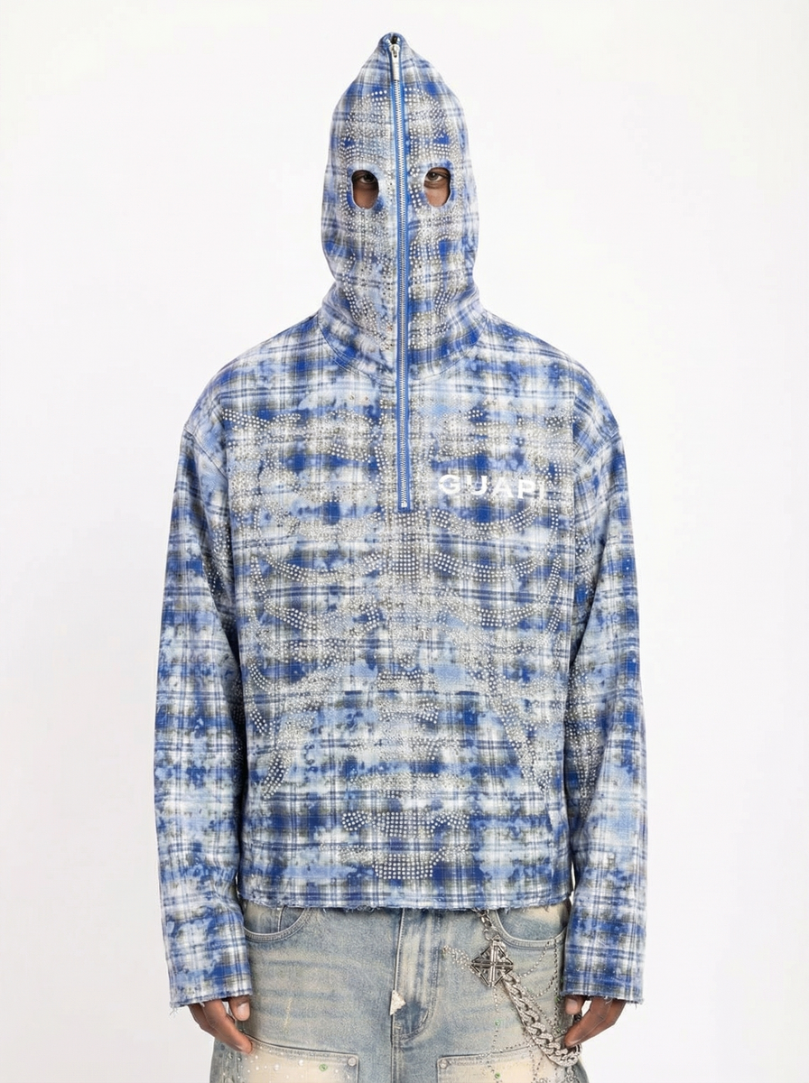Men's blue half-zip hoodie with hood, GUAPI logo and skeleton-style chest print