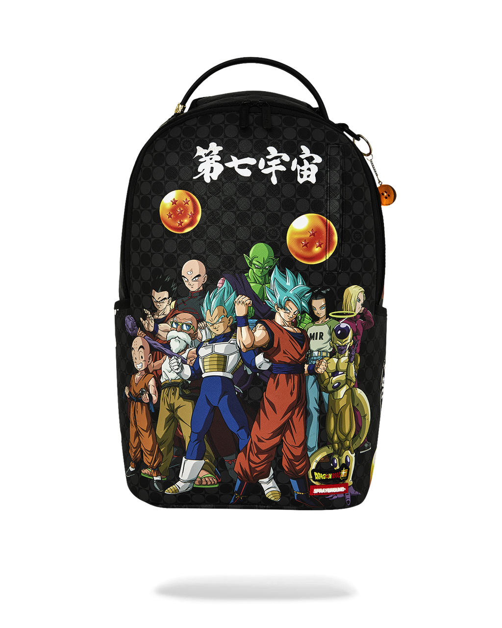 Black Dragon Ball-themed backpack with character graphic, rounded top handle, and gold accents