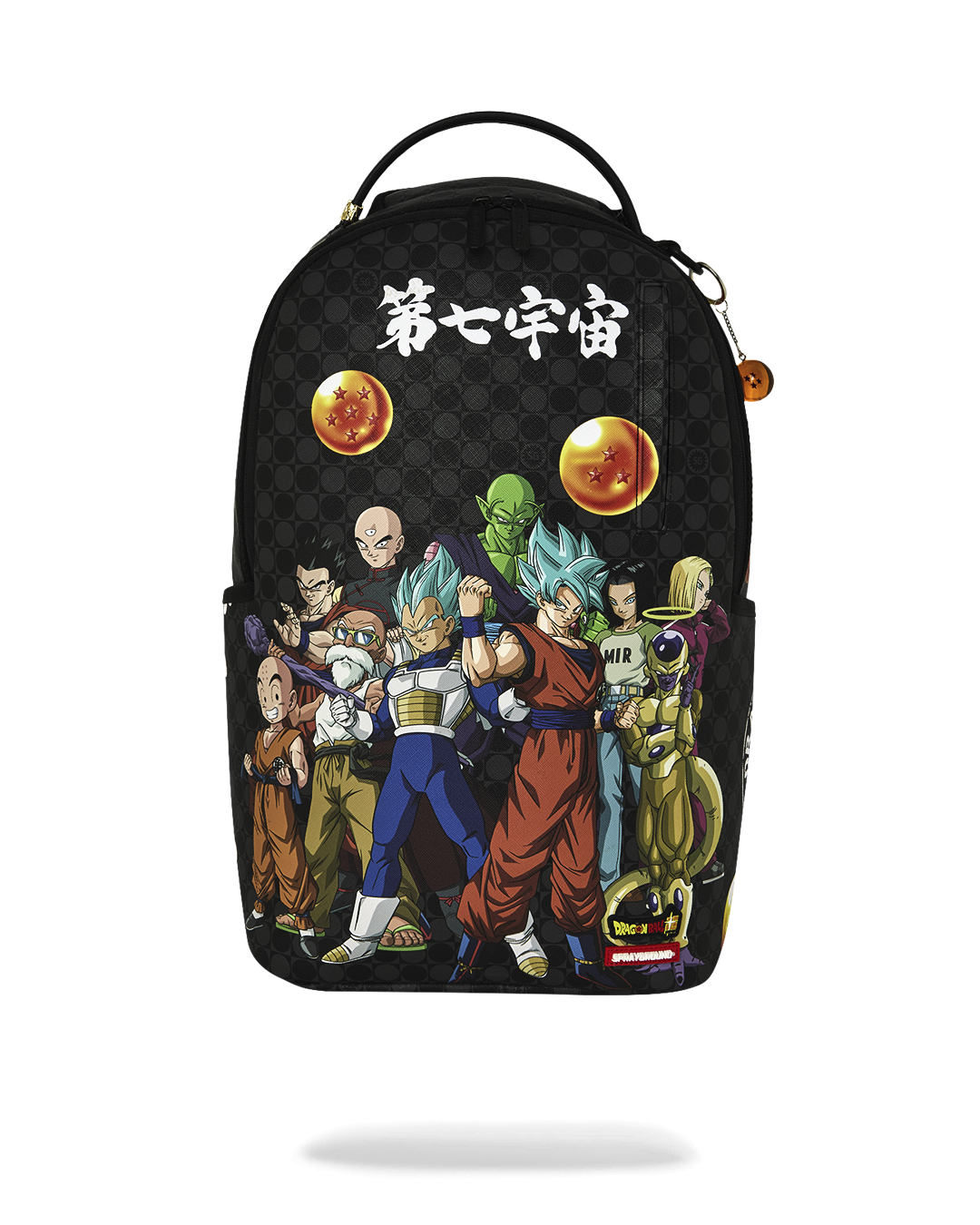 Black Dragon Ball-themed backpack with character graphic, rounded top handle, and gold accents