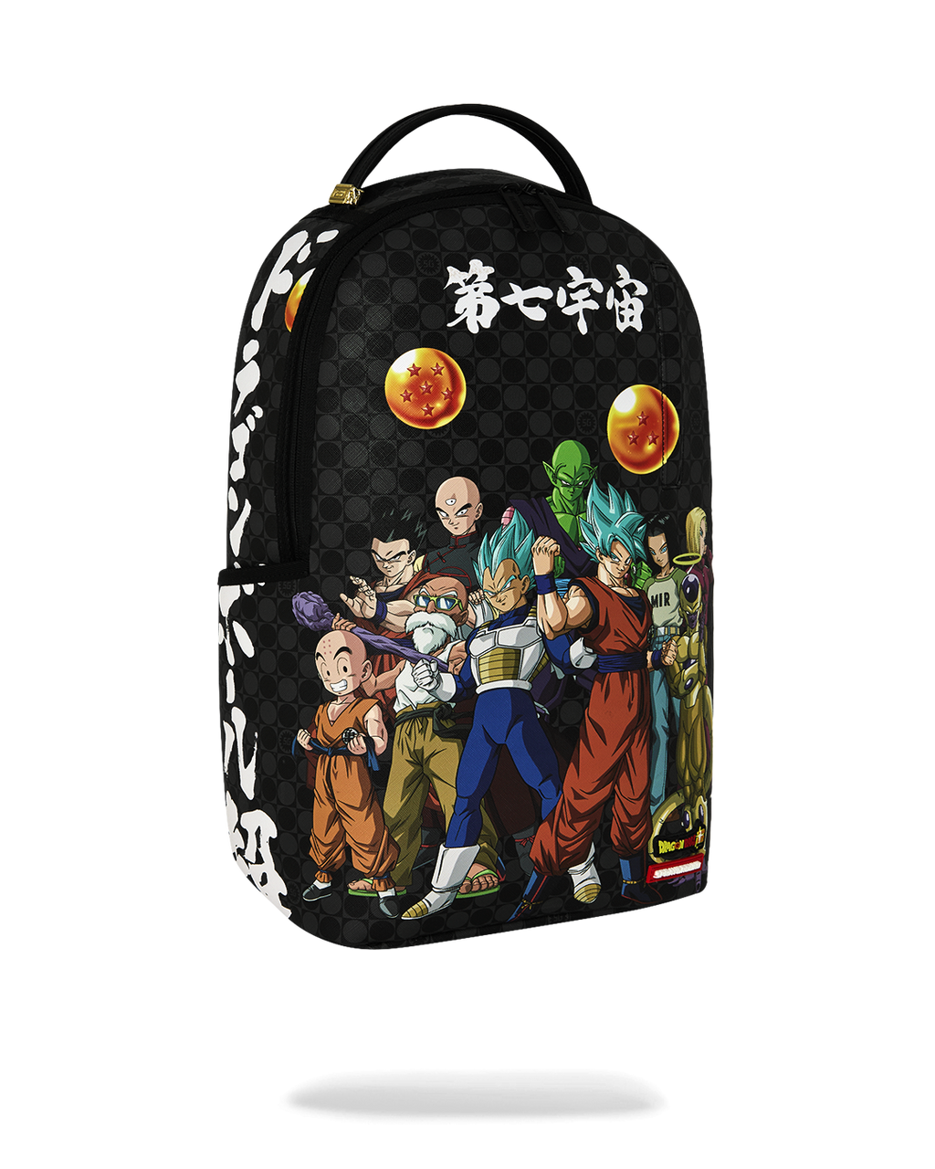 Black backpack with white side panels and Dragon Ball character artwork, top handle