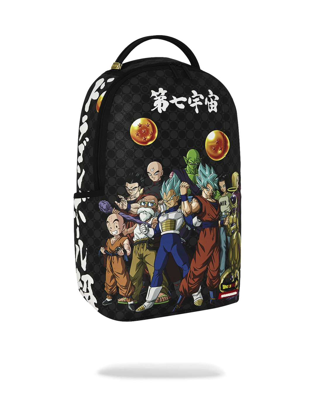 Black backpack with white side panels and Dragon Ball character artwork, top handle