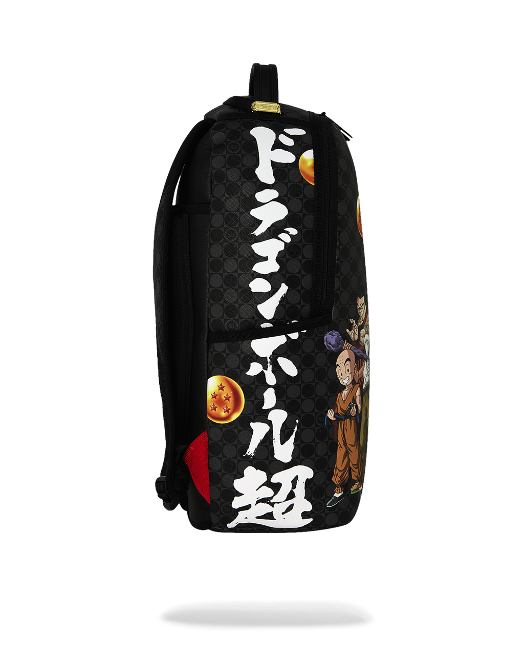 Black backpack with large vertical white graphic text and dragon-themed character print