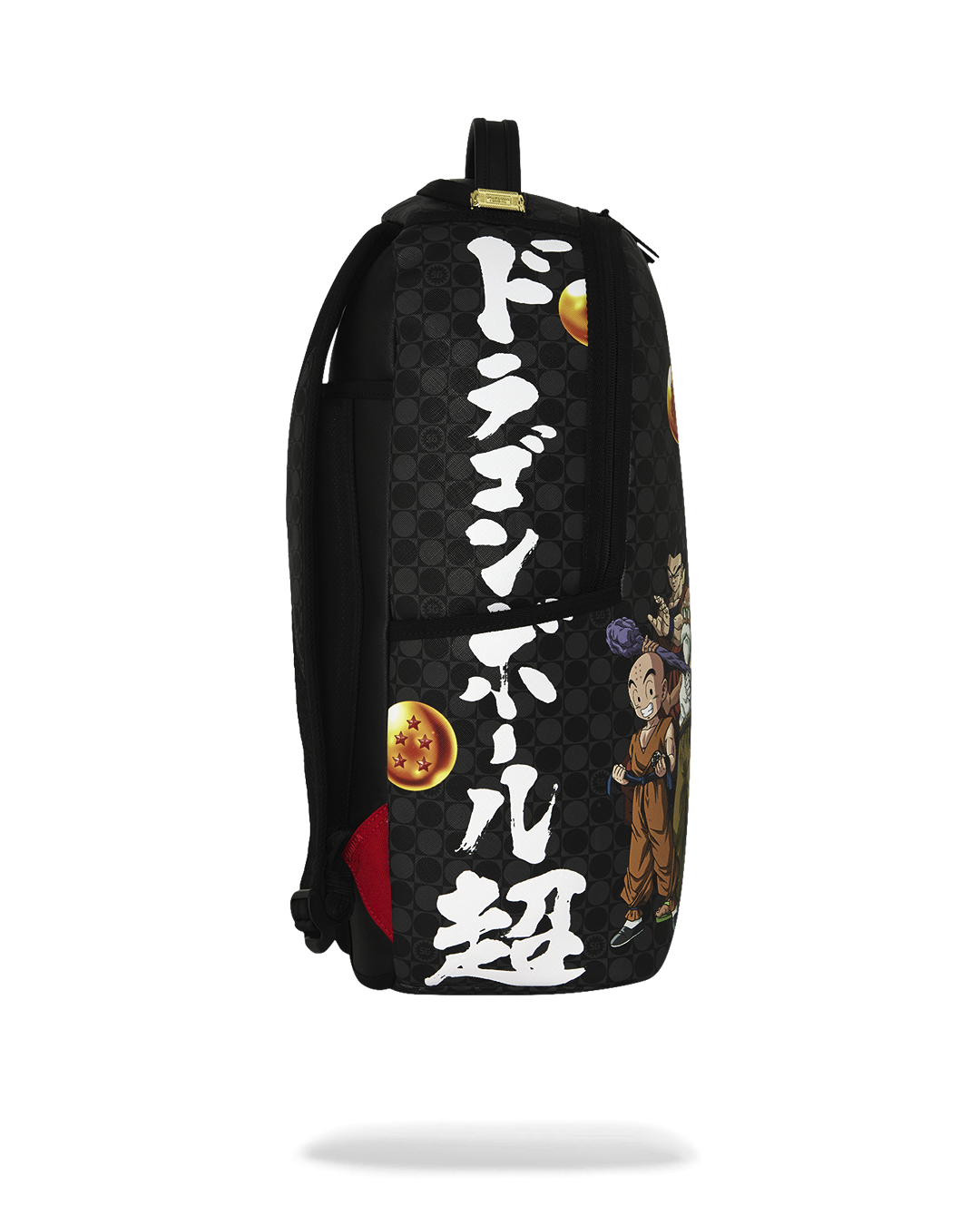 Black backpack with large vertical white graphic text and dragon-themed character print