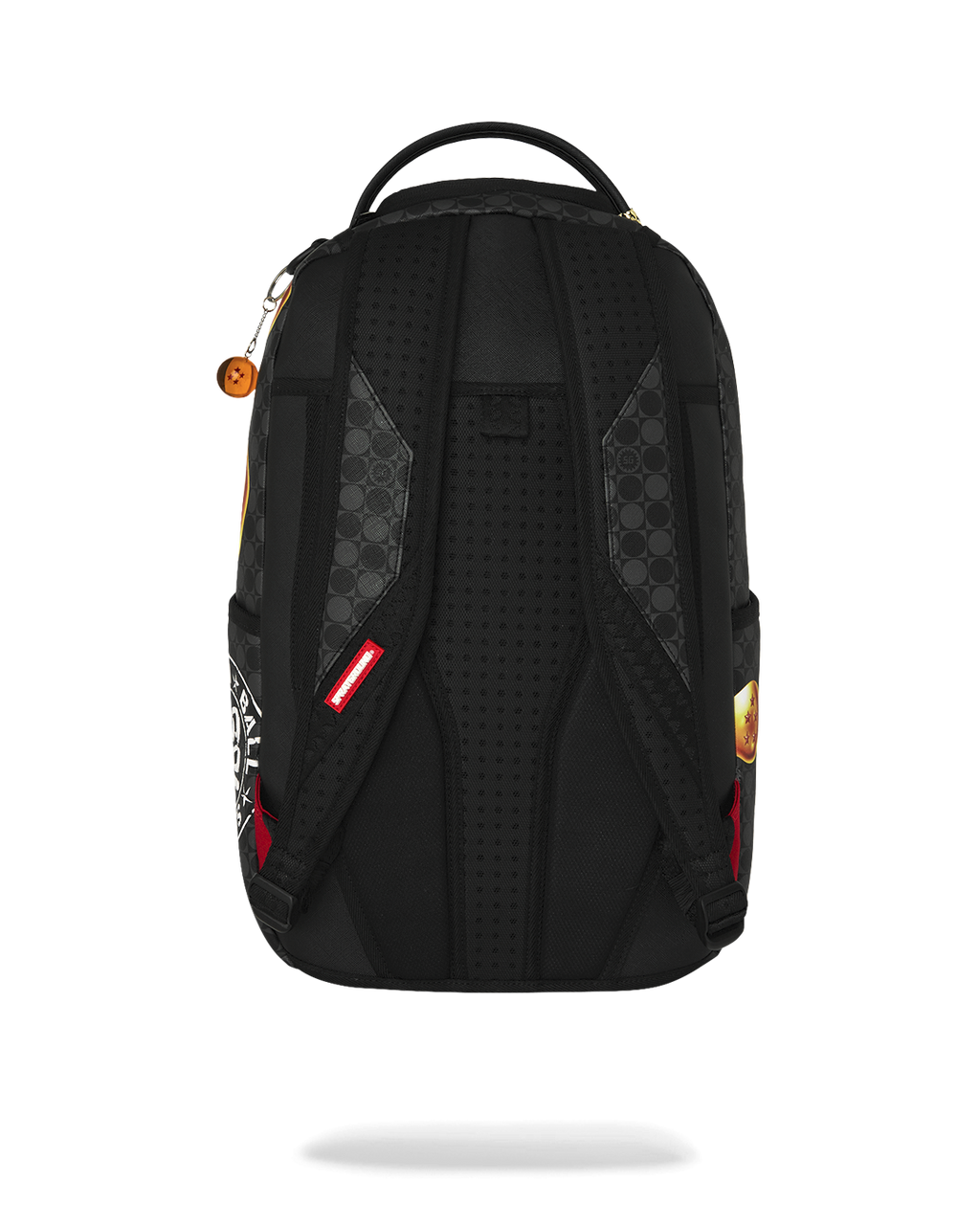 Black backpack back view with padded mesh straps and ventilation-like perforations
