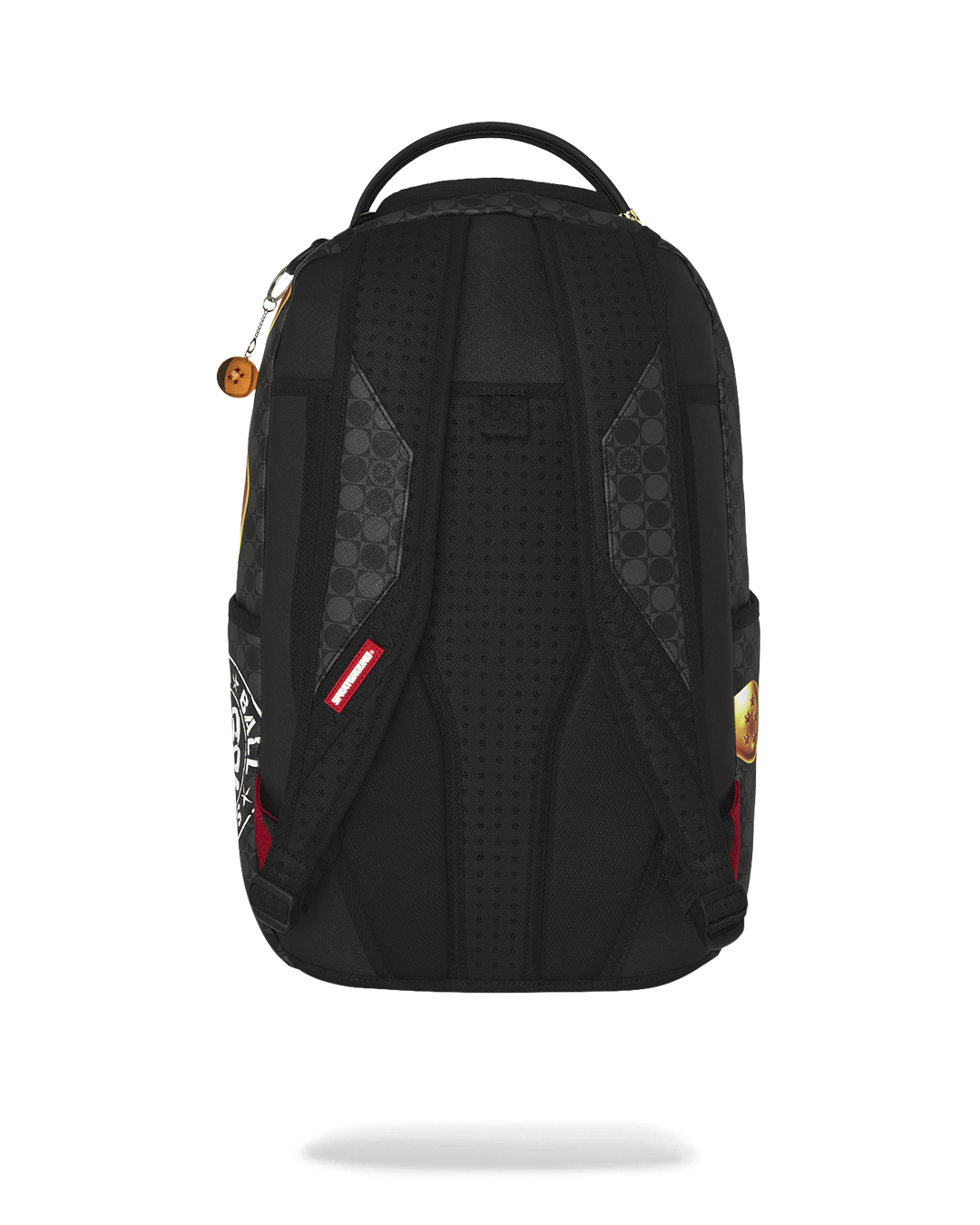 Black backpack back view with padded mesh straps and ventilation-like perforations