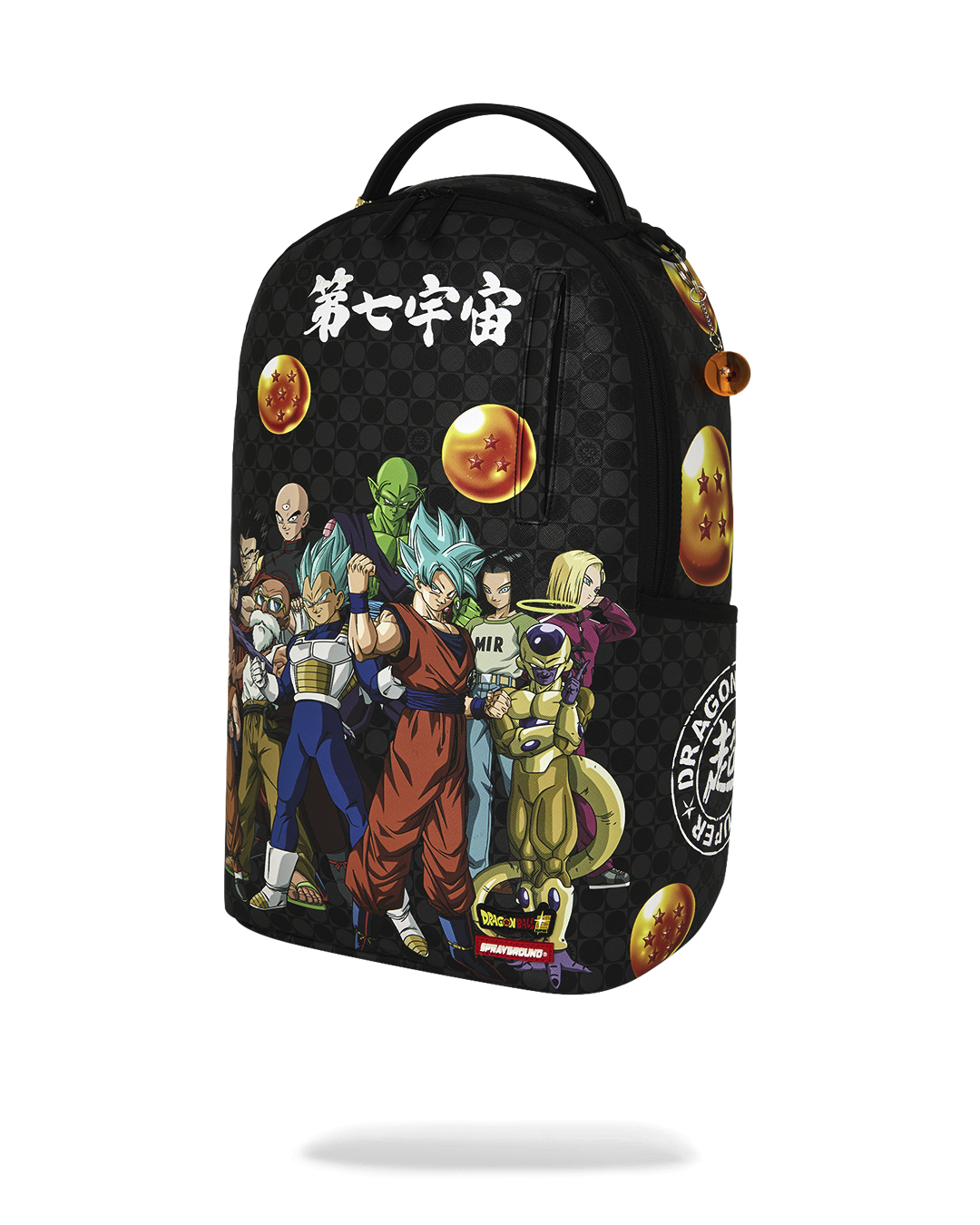 Black backpack front with Dragon Ball character scene and two-tone oval charm details