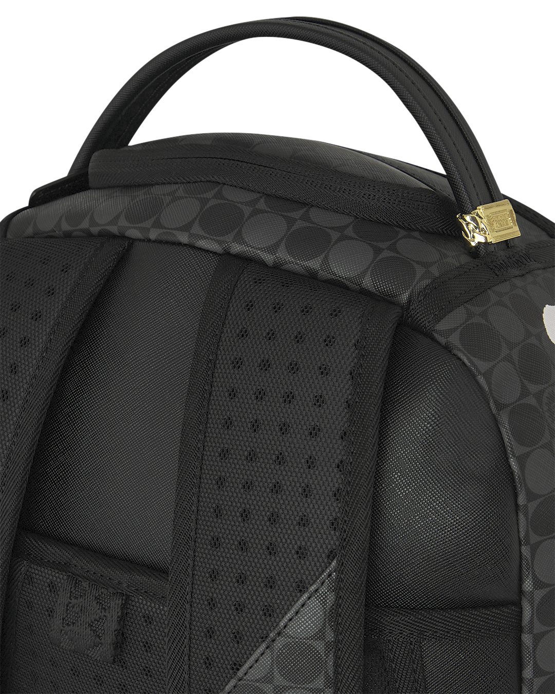 Black backpack top with padded handle, textured side panels, and small gold logo patch
