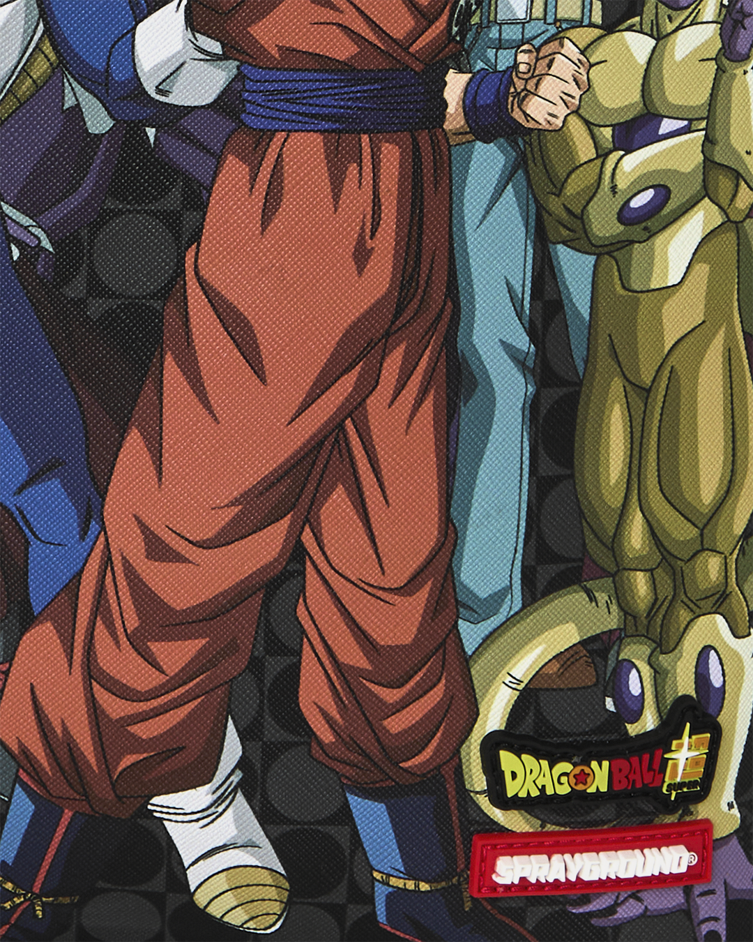 Backpack close-up showing Dragon Ball character artwork and a patch label near the bottom