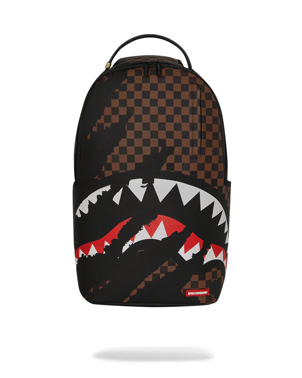 Black backpack with brown checkered upper panel and red/white shark graphic
