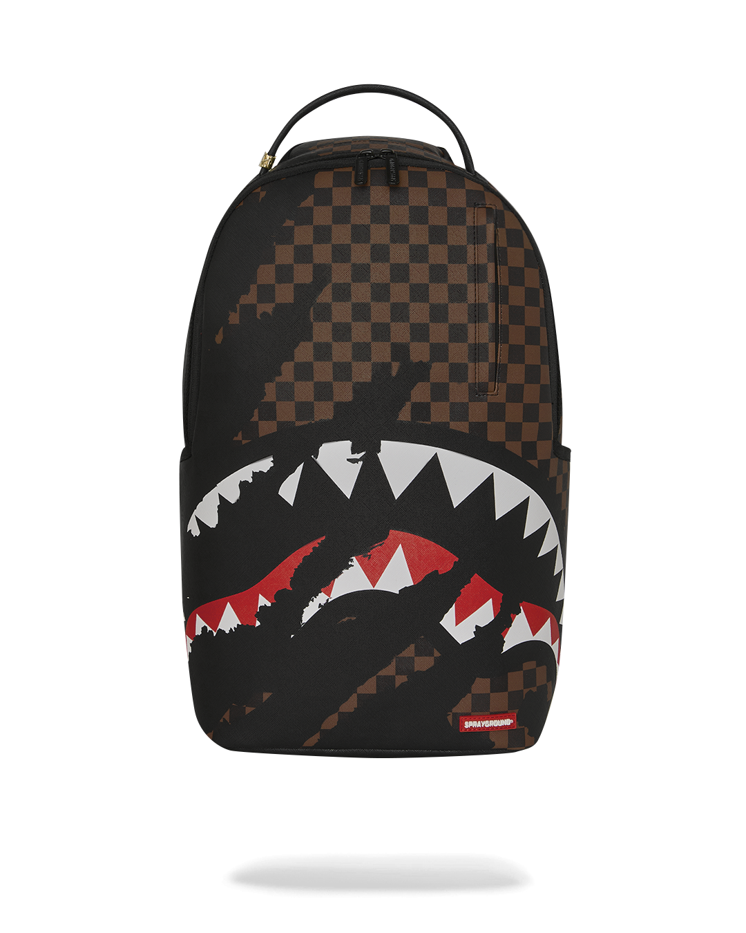 Black backpack with brown checkered upper panel and red/white shark graphic