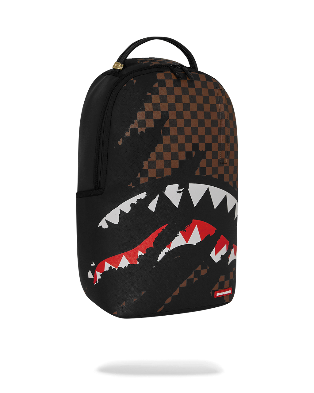 Black backpack with brown checkered top and large red/white shark graphic