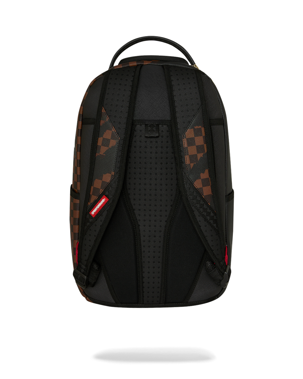 Back view of black backpack with perforated shoulder straps and checkered accents