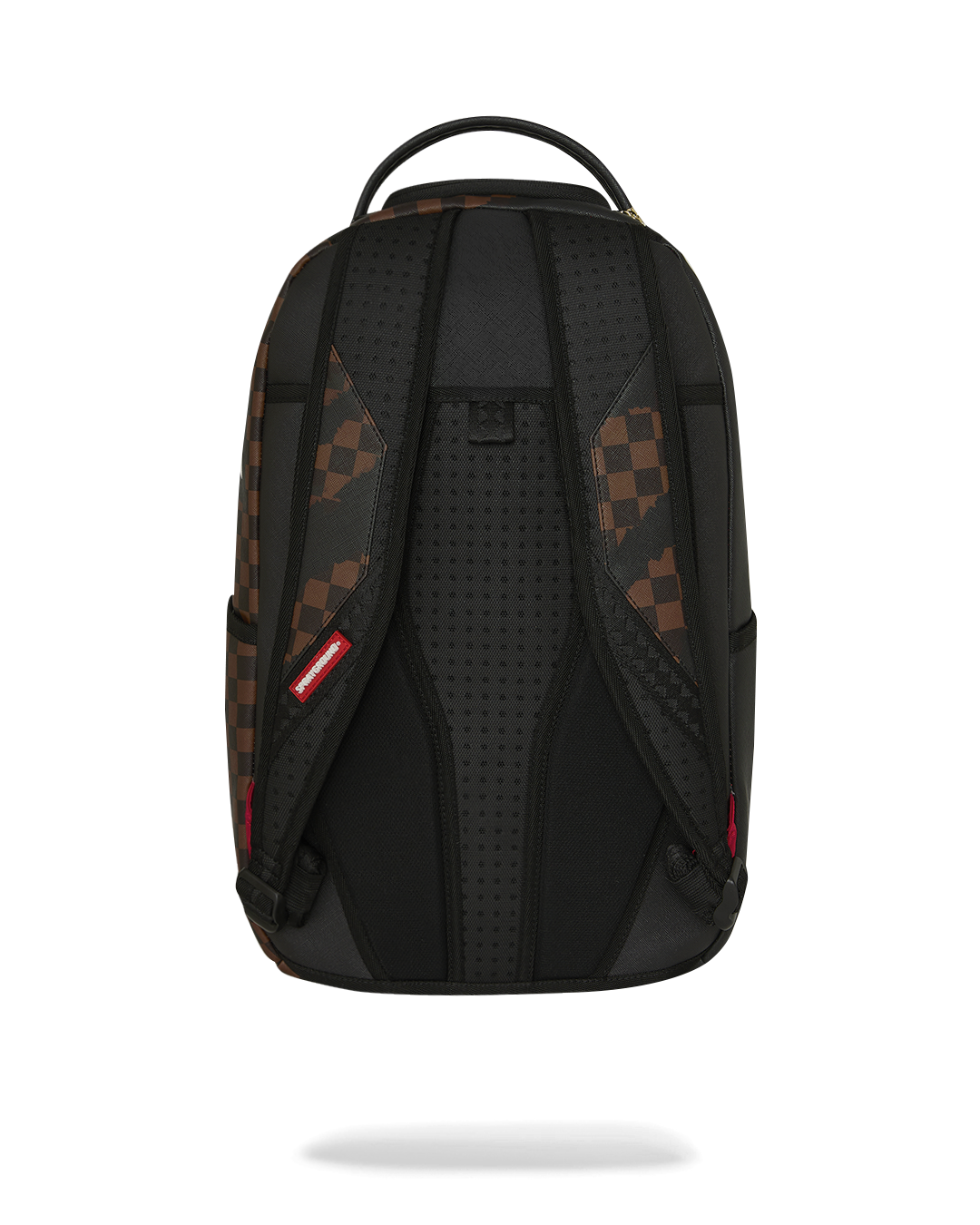 Back view of black backpack with perforated shoulder straps and checkered accents