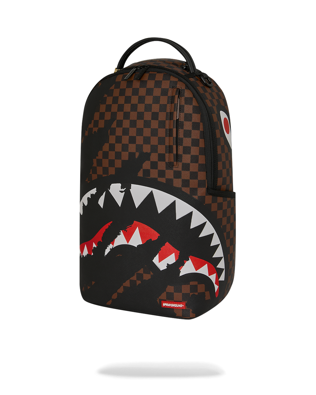 Black backpack with brown checkered front panel and red/white shark mouth design