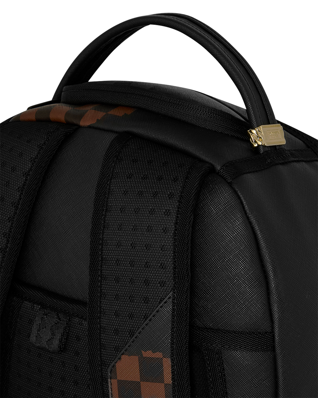Close-up of black padded backpack straps with textured panel detail