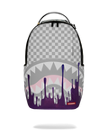 Cosmic-checkered backpack with purple drip art and black top straps.