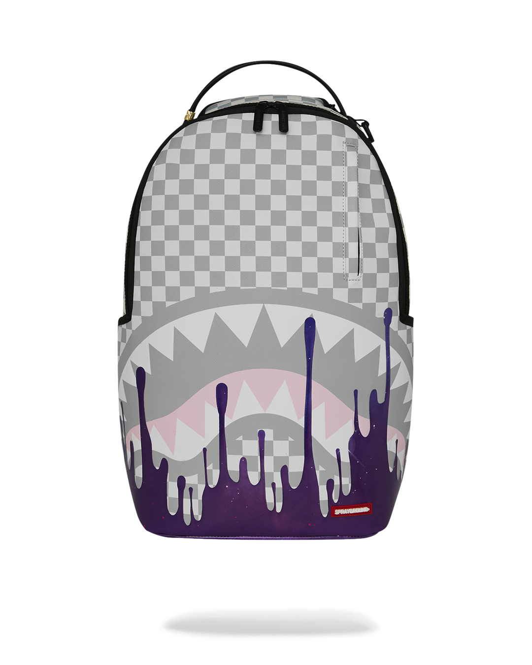 Cosmic-checkered backpack with purple drip art and black top straps.